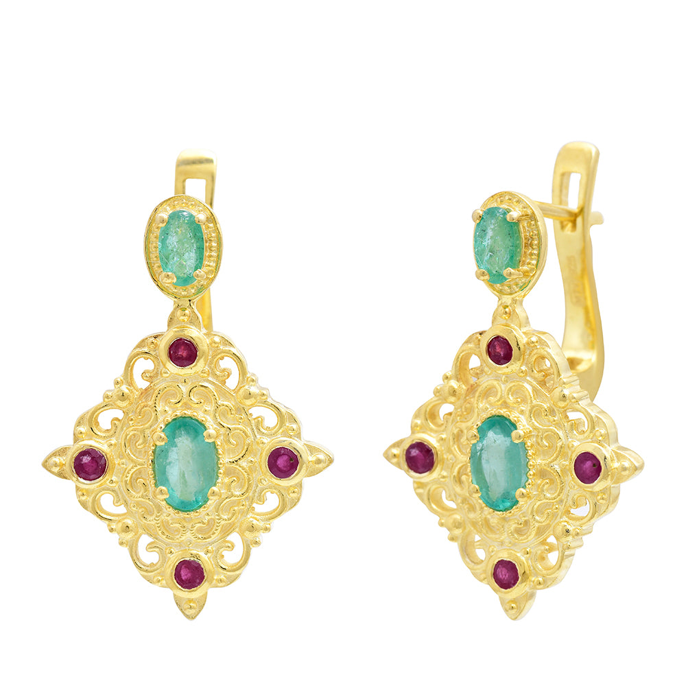 Pozlacené Stříbro 925/1000 - Náušnice s Madagaskarským Rubínem a Brazilským Smaragdem - Karátové číslo: 1.96. přibližná hmotnost: 7.27 gramů 4 