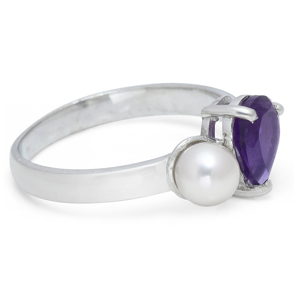 Stříbro 925/1000 - Prsten s Marockým Ametystem a Bílou Sladkovodní Perlou - Karátové číslo: 2.39. přibližná hmotnost: 3.11 gramů 3 