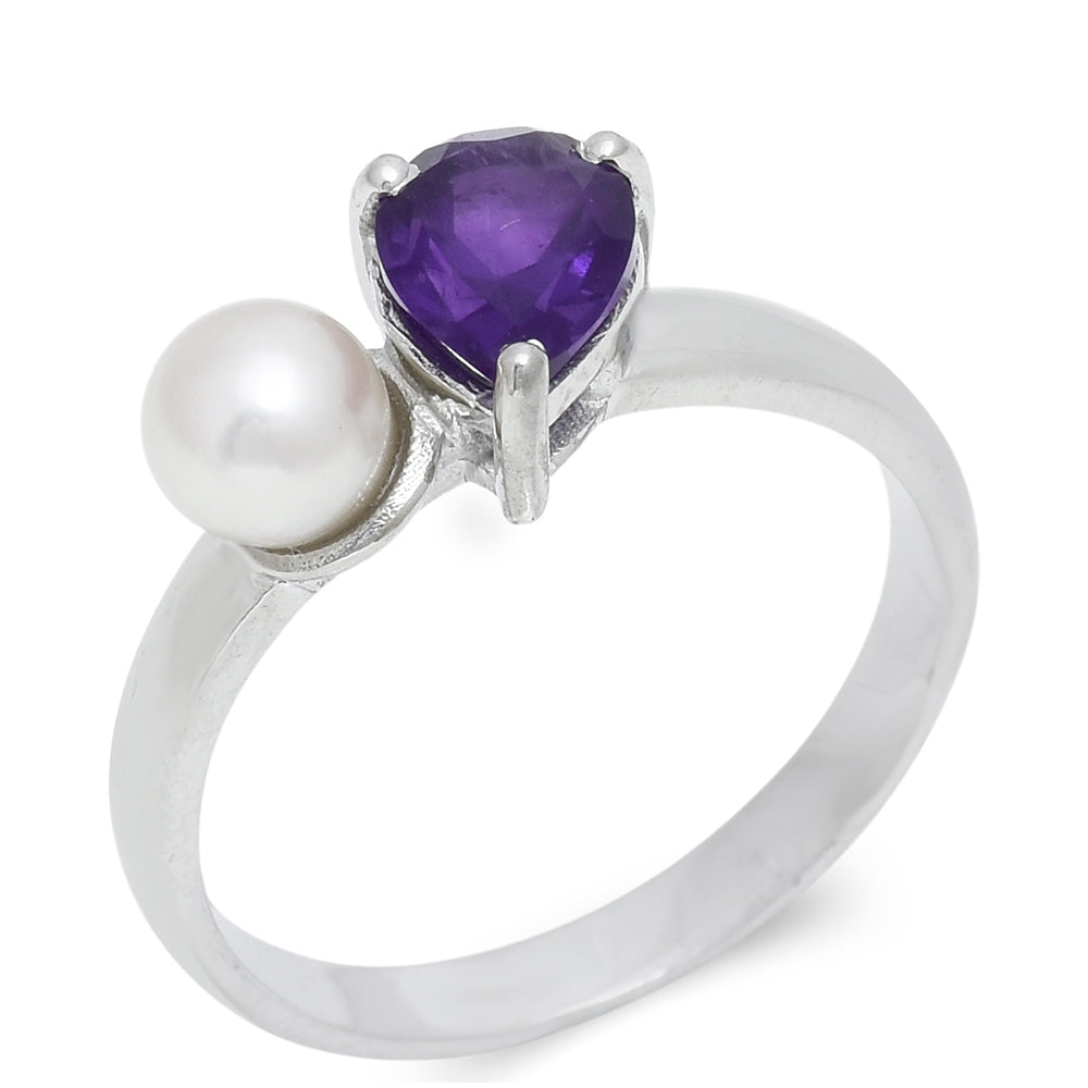 Stříbro 925/1000 - Prsten s Marockým Ametystem a Bílou Sladkovodní Perlou - Karátové číslo: 2.39. přibližná hmotnost: 3.11 gramů 1 