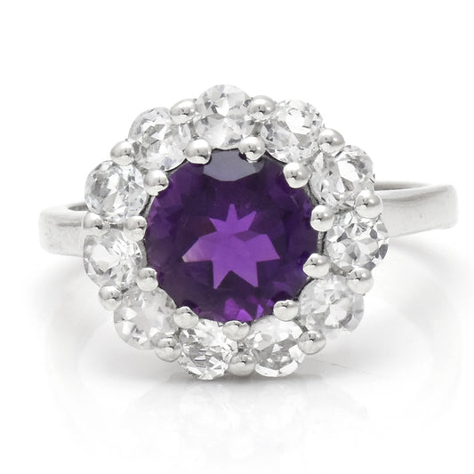 Stříbro 925/1000 - Prsten s Marockým Ametystem a Bílým Topazem - Karátové číslo: 3.1. přibližná hmotnost: 3.46 gramů