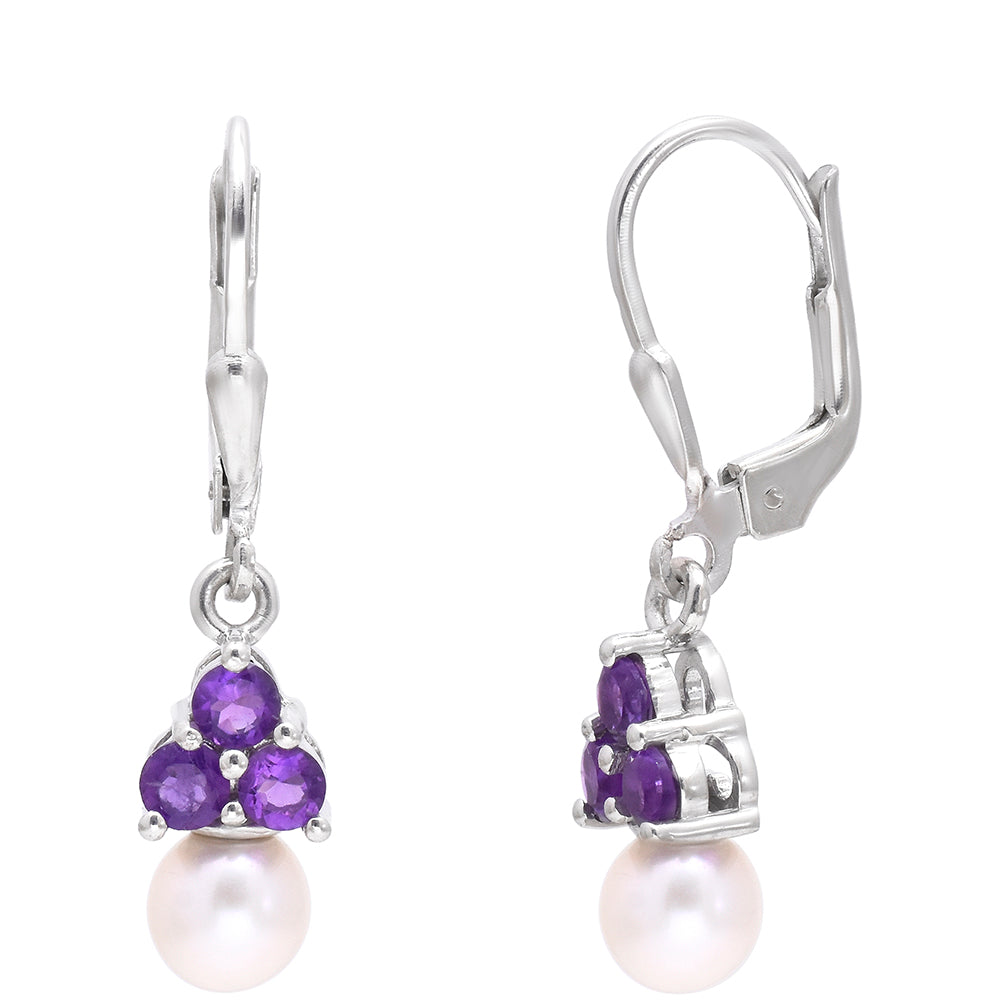 Stříbro 925/1000 - Náušnice s Marockým Ametystem a Bílou Sladkovodní Perlou - Karátové číslo: 3.22. přibližná hmotnost: 2.53 gramů 3 