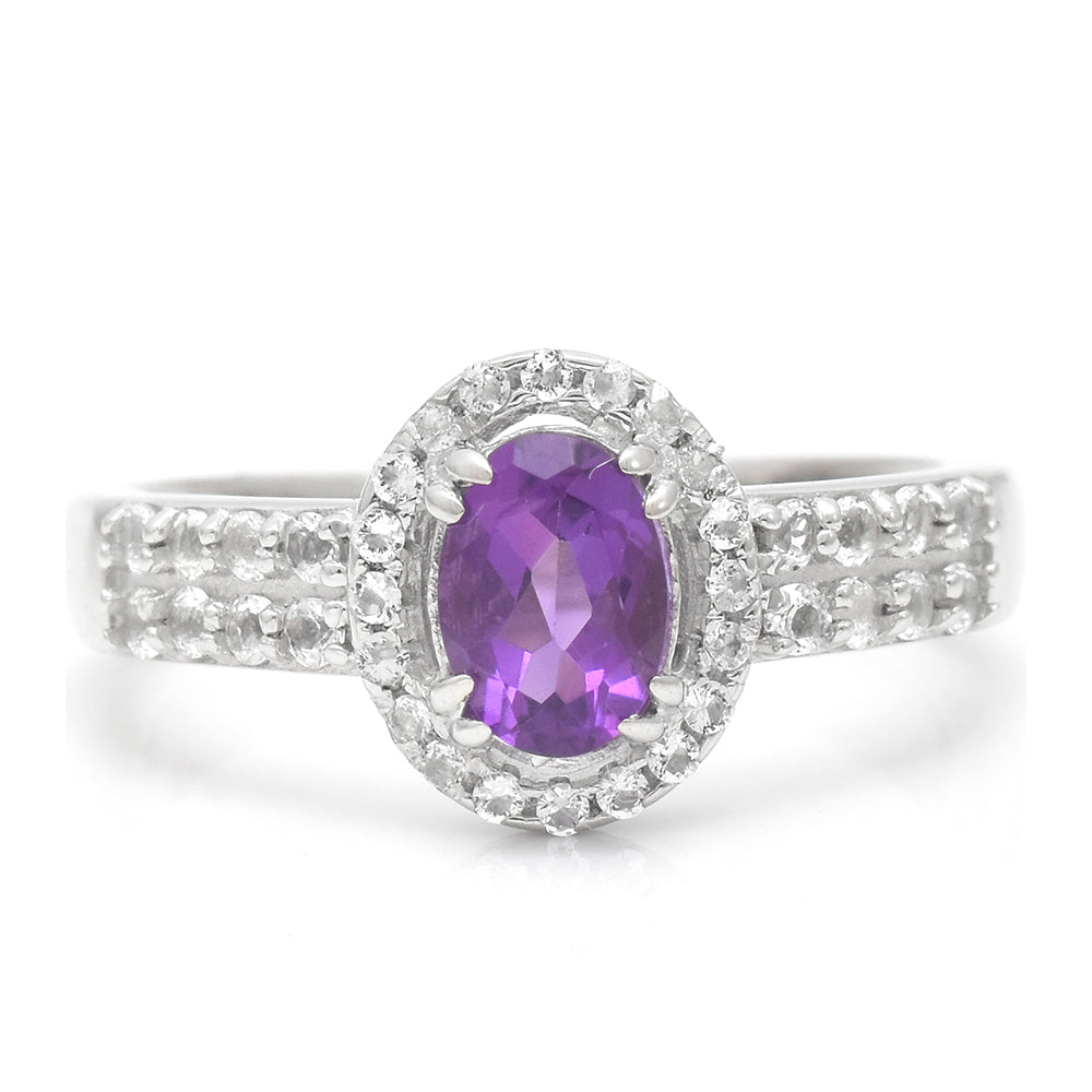 Stříbro 925/1000 - Prsten s Marockým Ametystem a Bílým Topazem - Karátové číslo: 0.77. přibližná hmotnost: 3.58 gramů