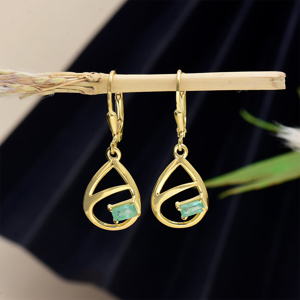 Pozlacené Stříbro 925/1000 - Náušnice s Brazilským Smaragdem - Karátové číslo: 0.61. přibližná hmotnost: 2.33 gramů 4 