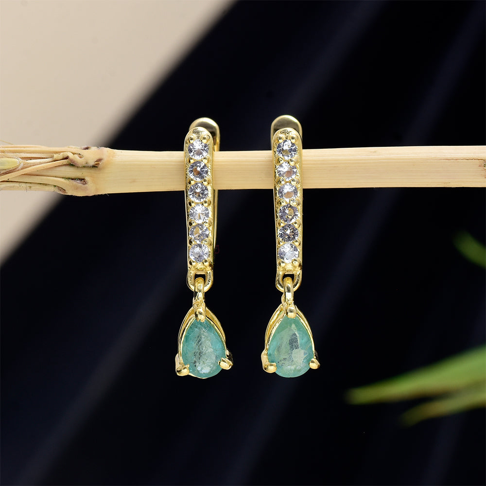 Pozlacené Stříbro 925/1000 - Náušnice s Brazilským Smaragdem a Bílým Topazem - Karátové číslo: 0.97. přibližná hmotnost: 3.18 gramů 7 