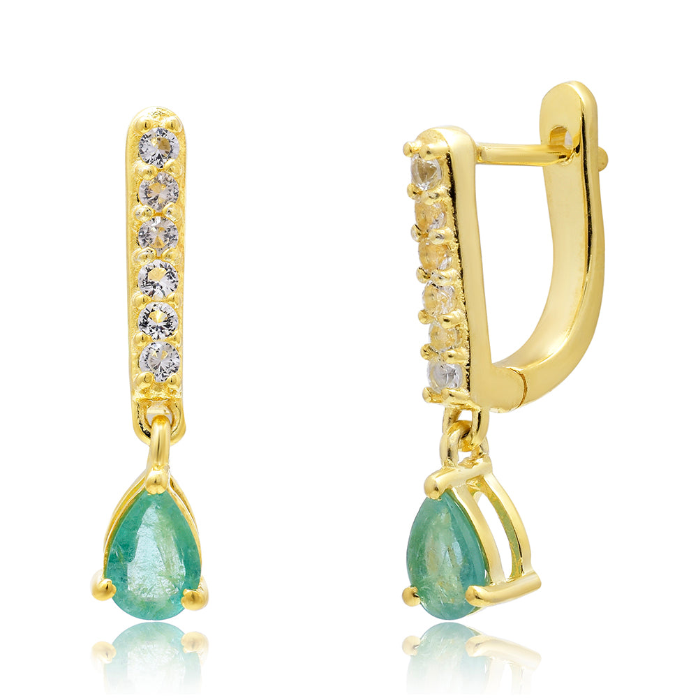 Pozlacené Stříbro 925/1000 - Náušnice s Brazilským Smaragdem a Bílým Topazem - Karátové číslo: 0.97. přibližná hmotnost: 3.18 gramů