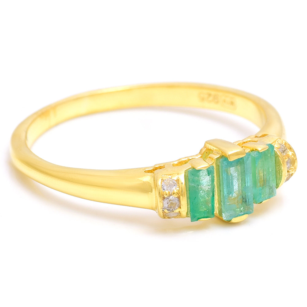 Pozlacené Stříbro 925/1000 - Prsten s Brazilským Smaragdem a Bílým Topazem - Karátové číslo: 0.45. přibližná hmotnost: 2.06 gramů