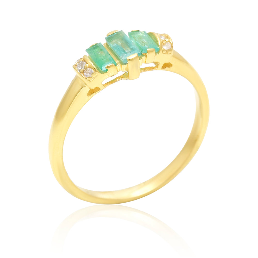 Pozlacené Stříbro 925/1000 - Prsten s Brazilským Smaragdem a Bílým Topazem - Karátové číslo: 0.45. přibližná hmotnost: 2.06 gramů