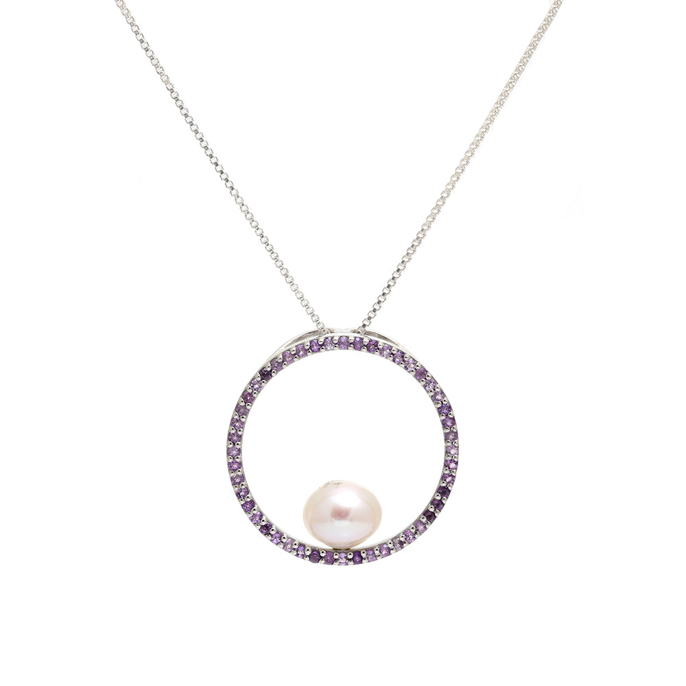 Stříbro 925/1000 - Přívěsek s Brazilským Ametystem a Bílou Sladkovodní Perlou - Karátové číslo: 4. přibližná hmotnost: 3.64 gramů