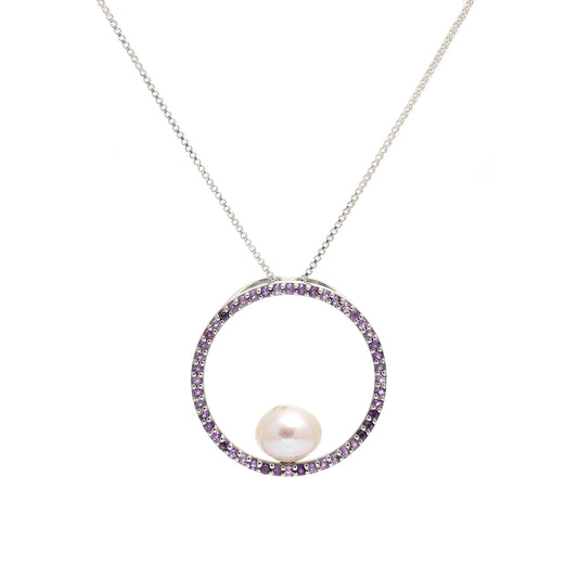 Stříbro 925/1000 - Přívěsek s Brazilským Ametystem a Bílou Sladkovodní Perlou - Karátové číslo: 4. přibližná hmotnost: 3.64 gramů