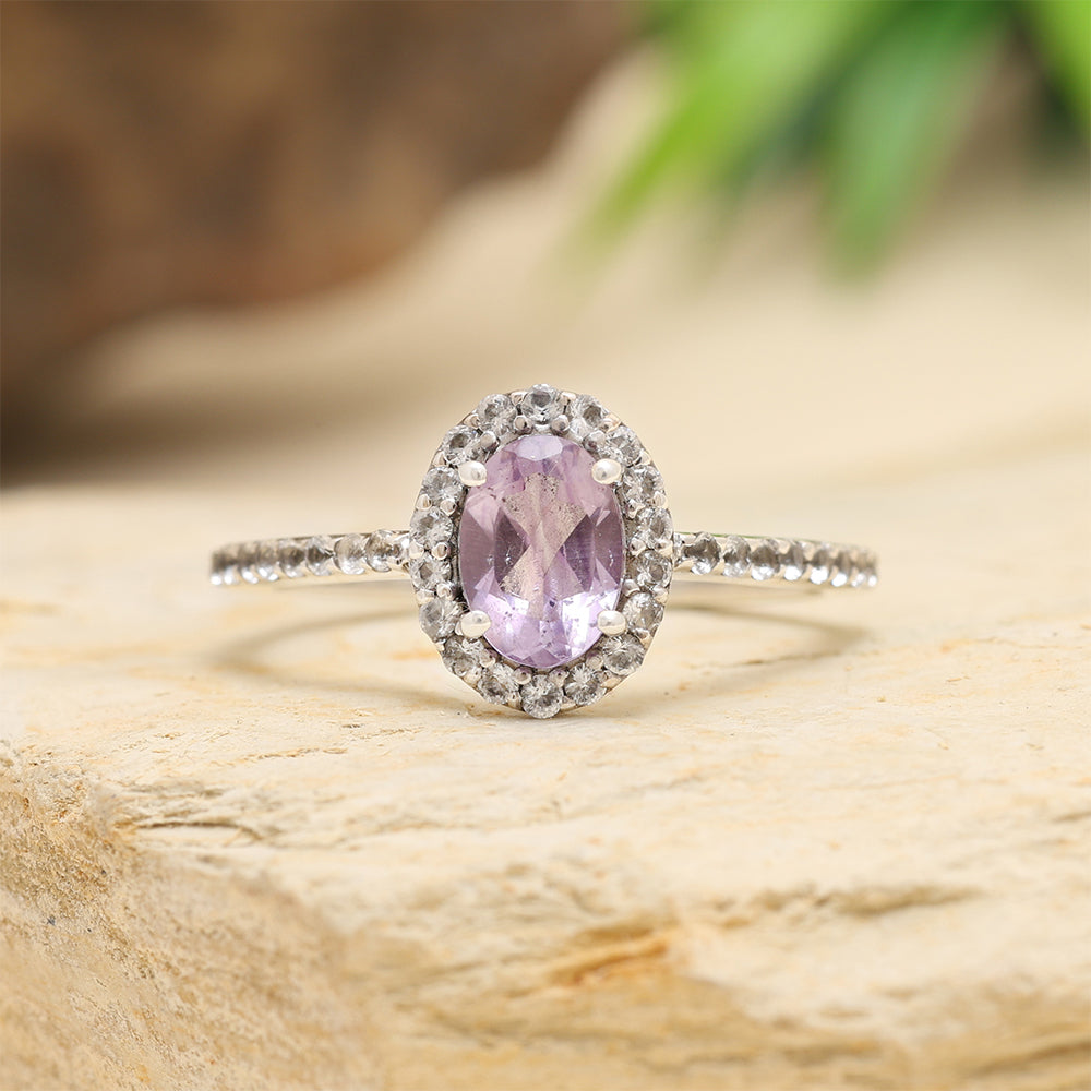 Stříbro 925/1000 - Prsten s Brazilským Ametystem a Bílým Topazem - Karátové číslo: 1.31. přibližná hmotnost: 3.57 gramů 6 