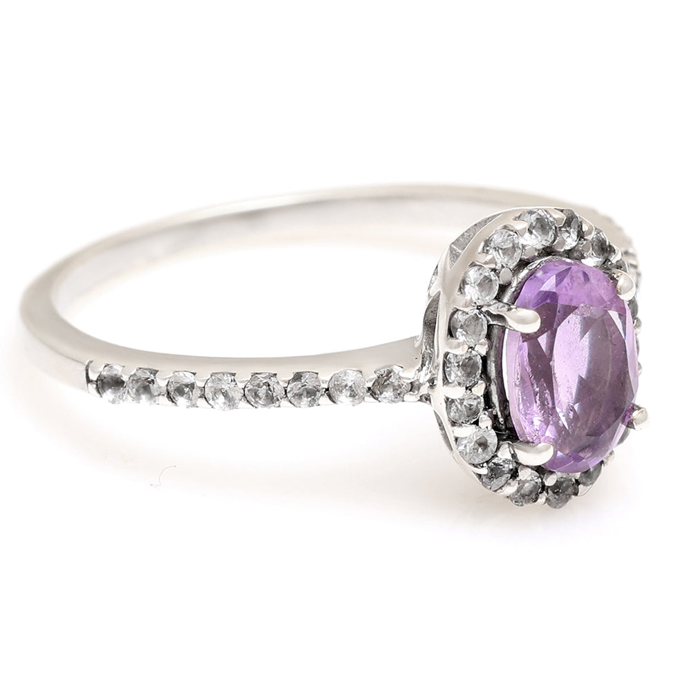 Stříbro 925/1000 - Prsten s Brazilským Ametystem a Bílým Topazem - Karátové číslo: 1.31. přibližná hmotnost: 3.57 gramů