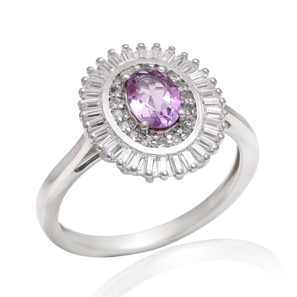 Stříbro 925/1000 - Prsten s Brazilským Ametystem a Bílým Topazem - Karátové číslo: 1.31. přibližná hmotnost: 3.57 gramů