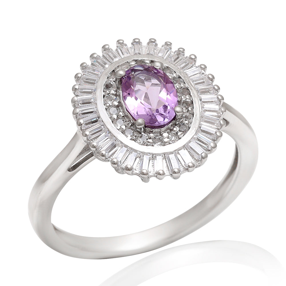 Stříbro 925/1000 - Prsten s Brazilským Ametystem a Bílým Topazem - Karátové číslo: 1.31. přibližná hmotnost: 3.57 gramů