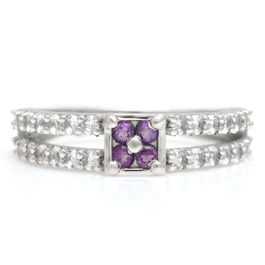 Stříbro 925/1000 - Prsten s Brazilským Ametystem a Bílým Topazem - Karátové číslo: 0.93. přibližná hmotnost: 2.79 gramů