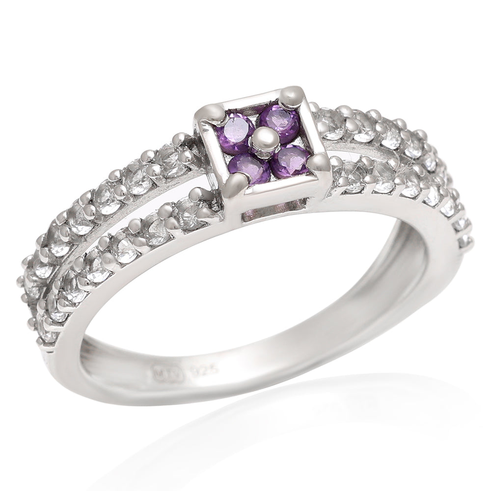 Stříbro 925/1000 - Prsten s Brazilským Ametystem a Bílým Topazem - Karátové číslo: 0.93. přibližná hmotnost: 2.79 gramů