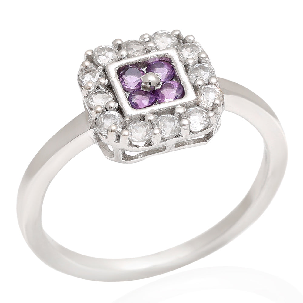 Stříbro 925/1000 - Prsten s Brazilským Ametystem a Bílým Topazem - Karátové číslo: 3.01. přibližná hmotnost: 2.21 gramů