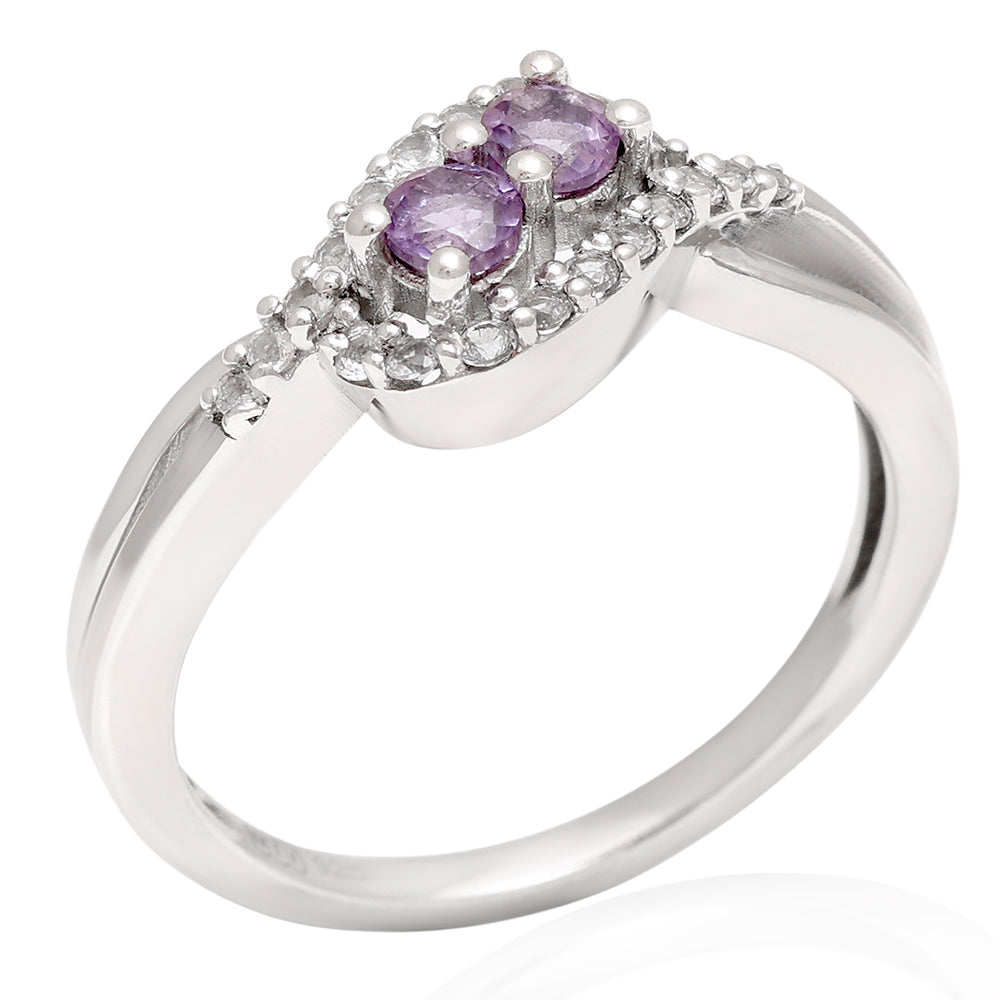 Stříbro 925/1000 - Prsten s Brazilským Ametystem a Bílým Topazem - Karátové číslo: 0.62. přibližná hmotnost: 2.5 gramů