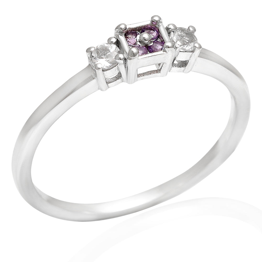 Stříbro 925/1000 - Prsten s Brazilským Ametystem a Bílým Topazem - Karátové číslo: 0.17. přibližná hmotnost: 1.63 gramů