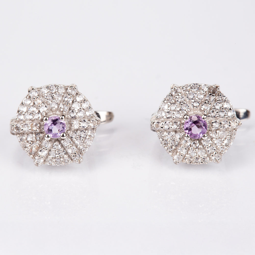 Stříbro 925/1000 - Náušnice s Bílým Topazem a Brazilským Ametystem - Karátové číslo: 0.94. přibližná hmotnost: 3.2 gramů