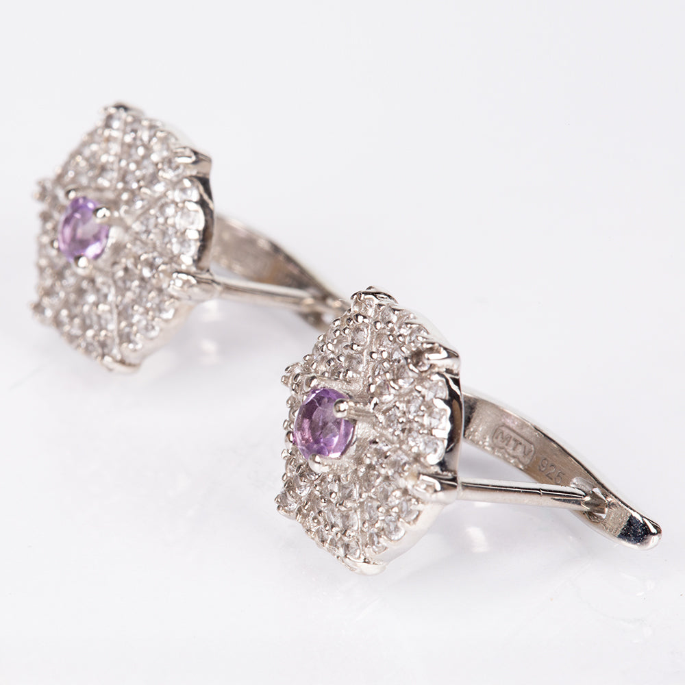 Stříbro 925/1000 - Náušnice s Bílým Topazem a Brazilským Ametystem - Karátové číslo: 0.94. přibližná hmotnost: 3.2 gramů 3 