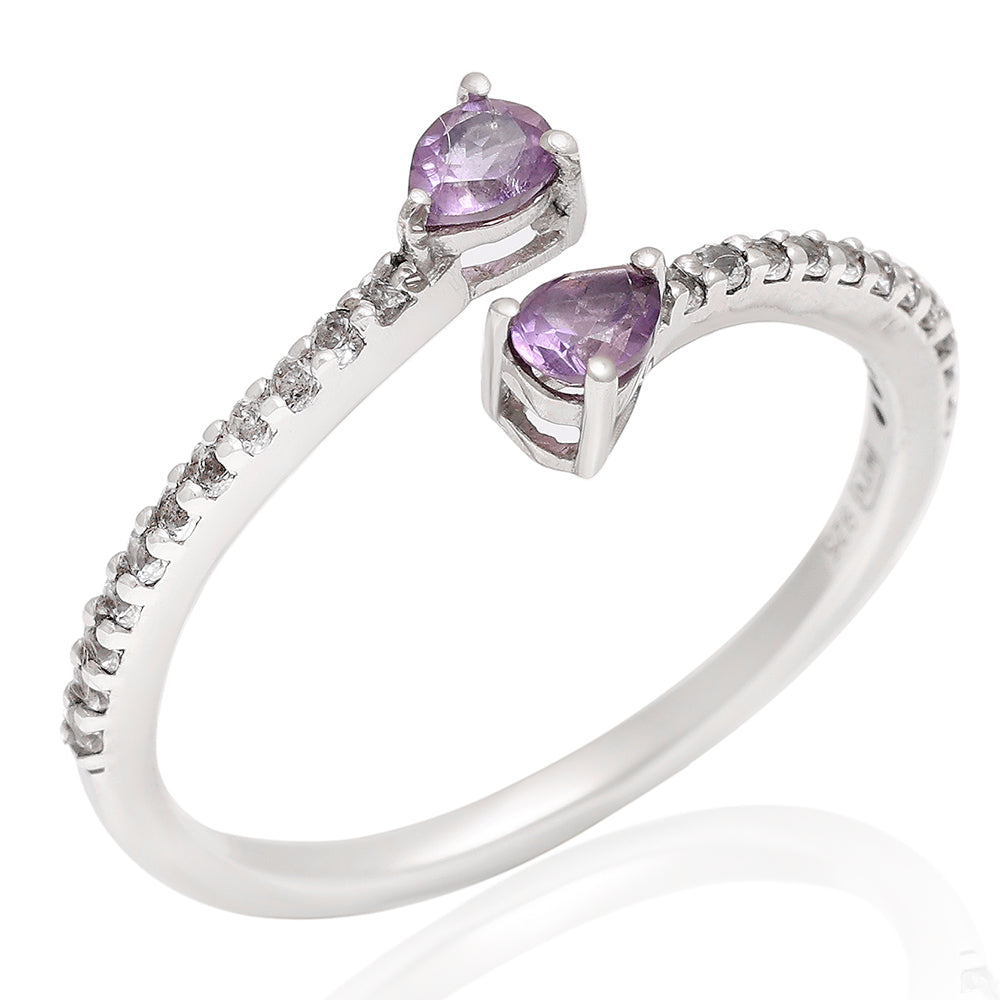 Stříbro 925/1000 - Prsten s Brazilským Ametystem a Bílým Topazem - Karátové číslo: 0.41. přibližná hmotnost: 1.58 gramů