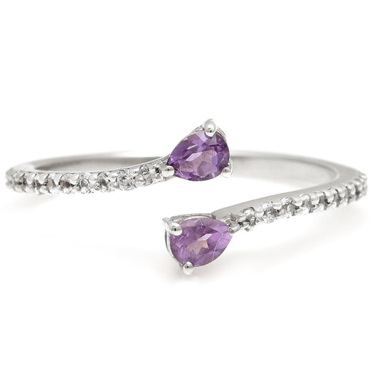 Stříbro 925/1000 - Prsten s Brazilským Ametystem a Bílým Topazem - Karátové číslo: 0.41. přibližná hmotnost: 1.58 gramů