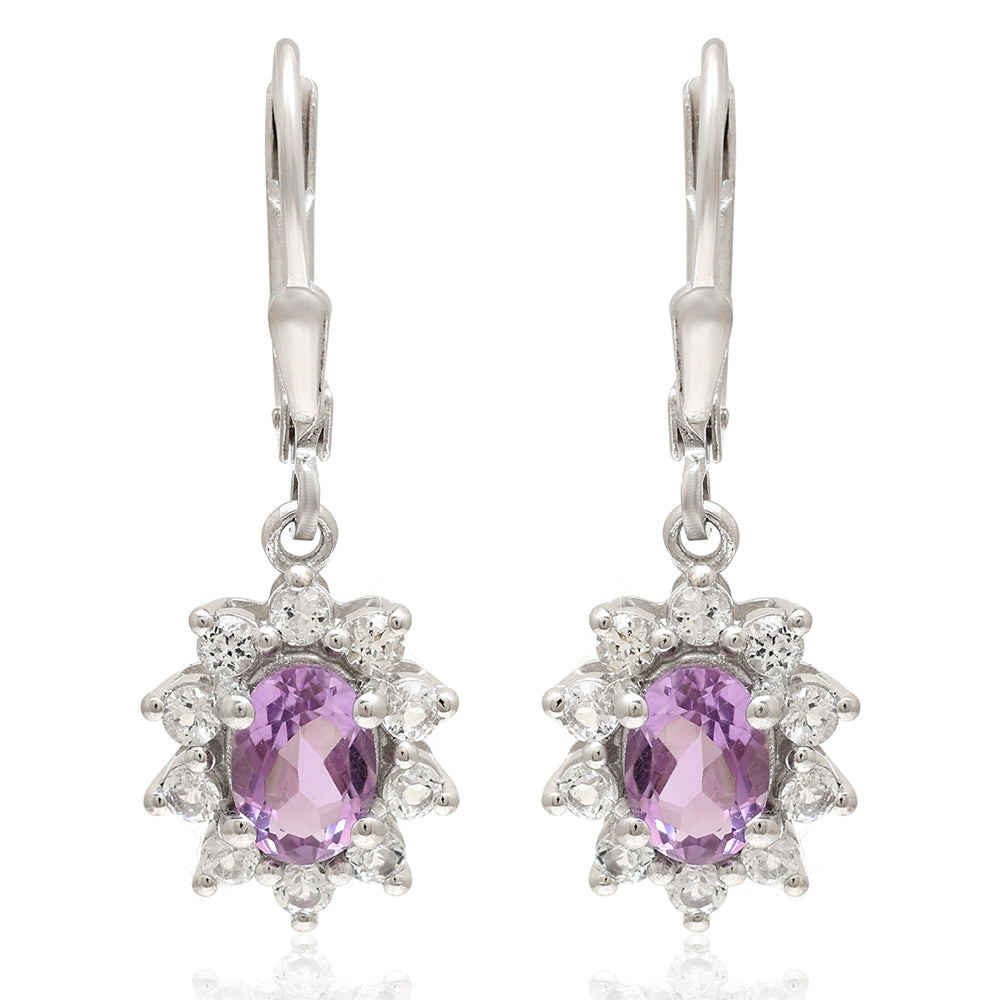 Stříbro 925/1000 - Náušnice s Brazilským Ametystem a Bílým Topazem - Karátové číslo: 1.94. přibližná hmotnost: 3 gramů 1 
