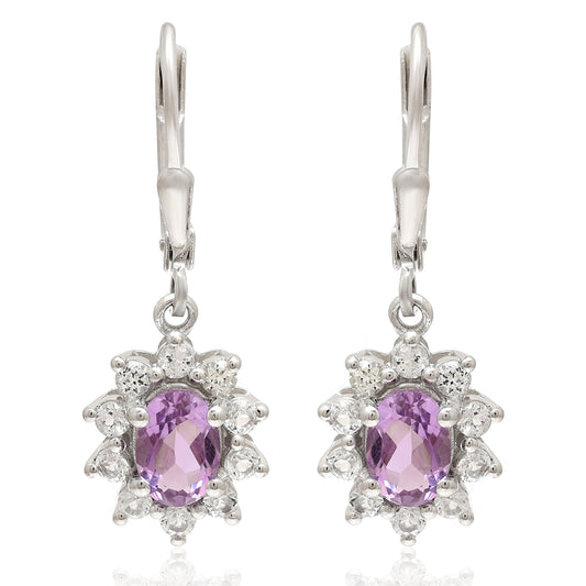 Stříbro 925/1000 - Náušnice s Brazilským Ametystem a Bílým Topazem - Karátové číslo: 1.94. přibližná hmotnost: 3 gramů