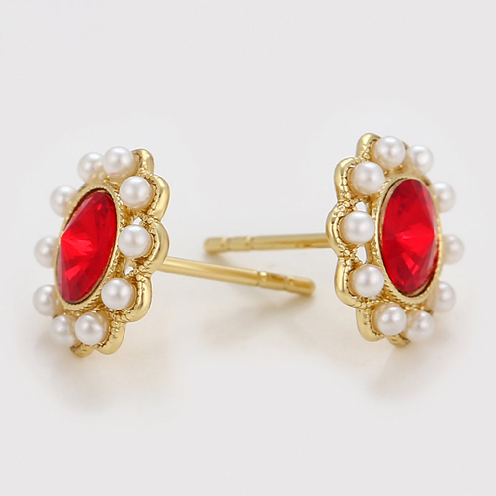 Pozlacené Slitinové Náušnice se Skleněná Perla a Červeným Emporia® Křišťálem