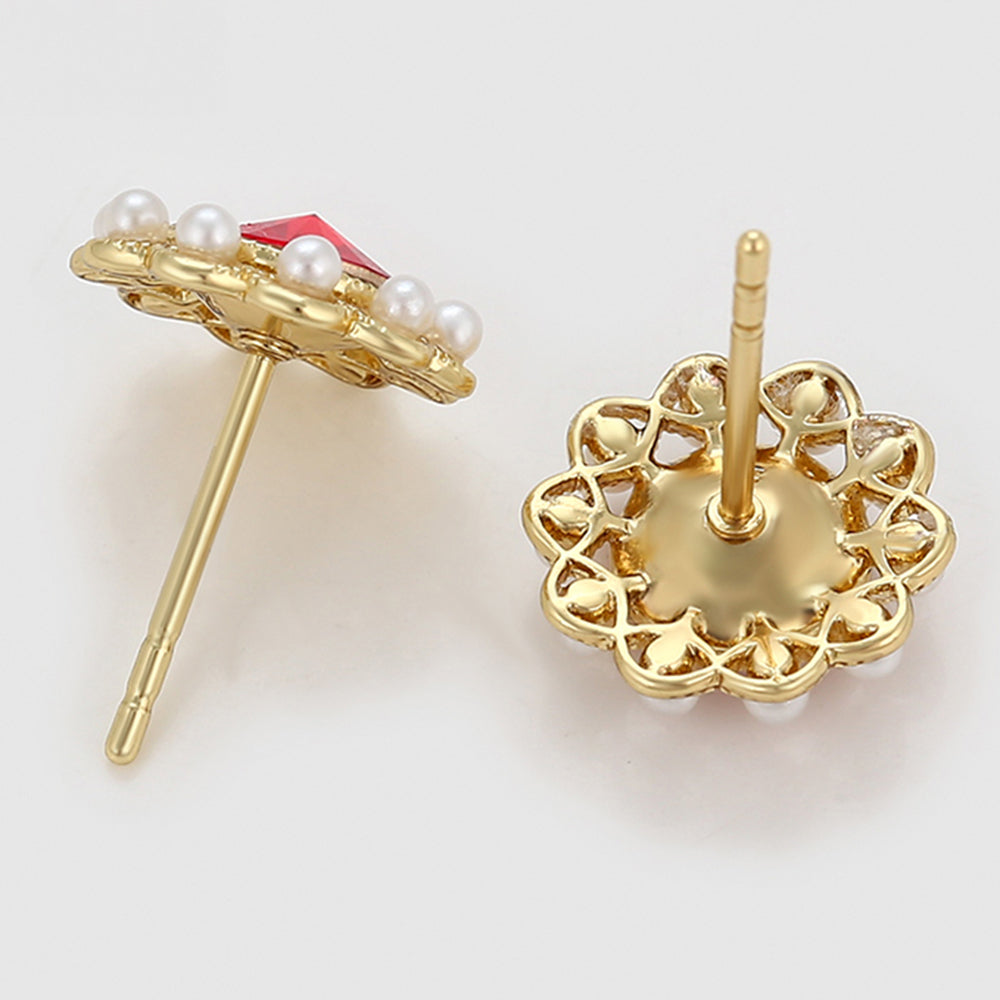 Pozlacené Slitinové Náušnice se Skleněná Perla a Červeným Emporia® Křišťálem 7 