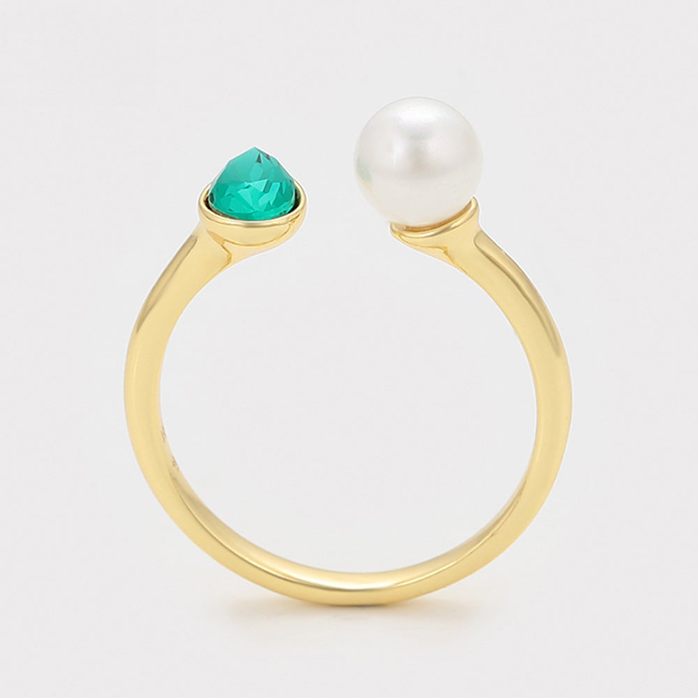 Pozlacený Slitinový Prsten se Skleněná Perla a se Zeleným Emporia® Křišťálem