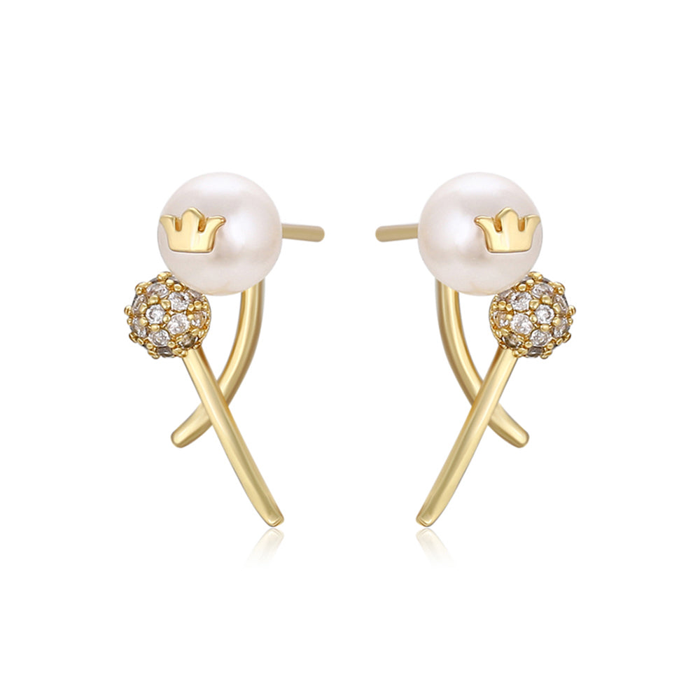 Pozlacené Slitinové Náušnice se Skleněná Perla a Bílým Emporia® Křišťálem