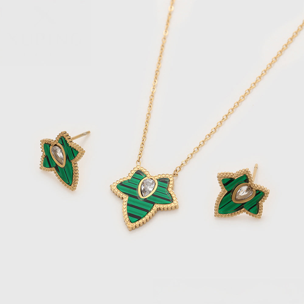 Pozlacená Slitinová Sada se Zeleným Emporia® Křišťálem a Bílým Emporia® Křišťálem ( Náhrdelník+Náušnice ) 2 