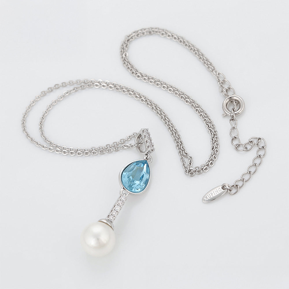 Pozlacený Slitinový Náhrdelník s Modrým Emporia® Křišťálem a se Skleněná Perla