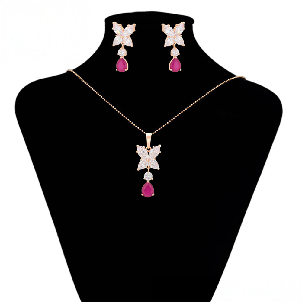 Pozlacená Slitinová Sada s Růžovým Emporia® Křišťálem a Bílým Emporia® Křišťálem ( Náušnice+Přívěsek )