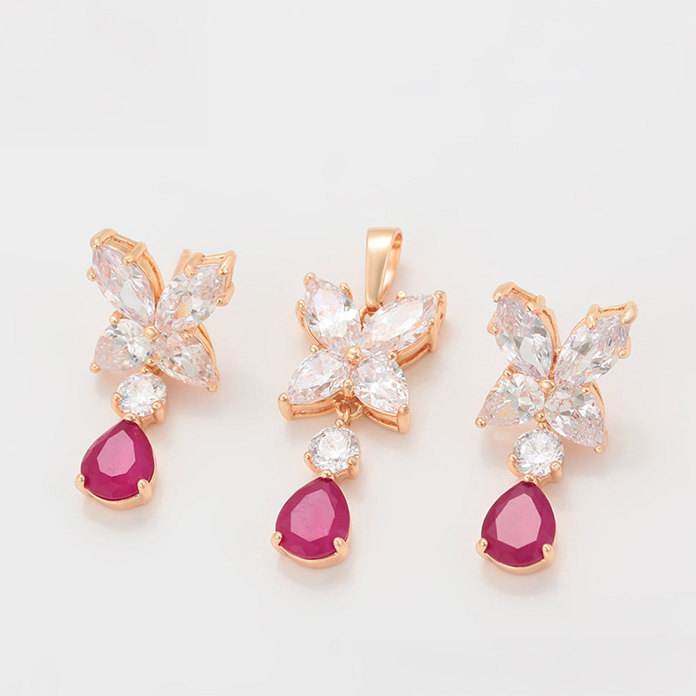 Pozlacená Slitinová Sada s Růžovým Emporia® Křišťálem a Bílým Emporia® Křišťálem ( Náušnice+Přívěsek ) 1 
