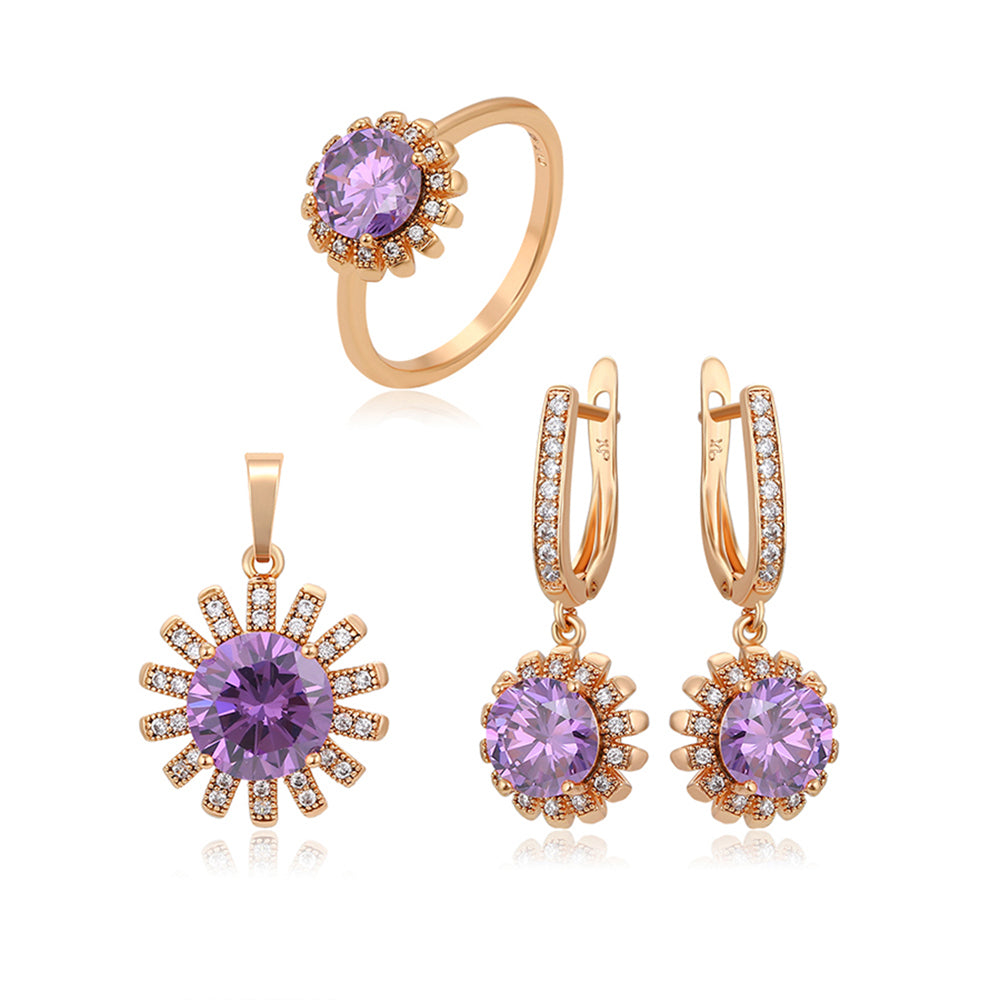 Pozlacená Slitinová Sada s Fialovým Emporia® Křišťálem a Bílým Emporia® Křišťálem ( Náušnice+Prsten+Přívěsek ) 2 