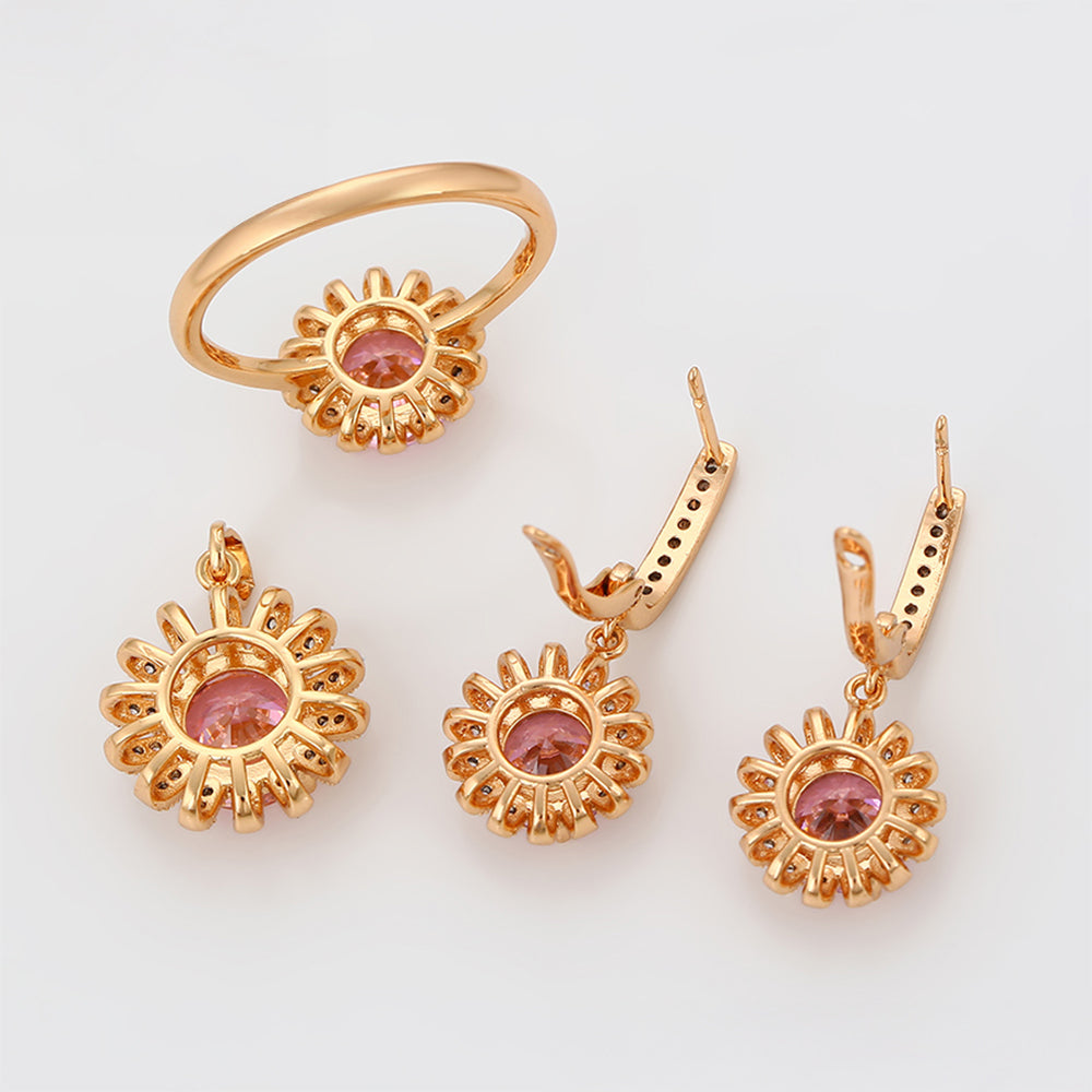 Pozlacená Slitinová Sada s Růžovým Emporia® Křišťálem a Bílým Emporia® Křišťálem ( Náušnice+Prsten+Přívěsek )