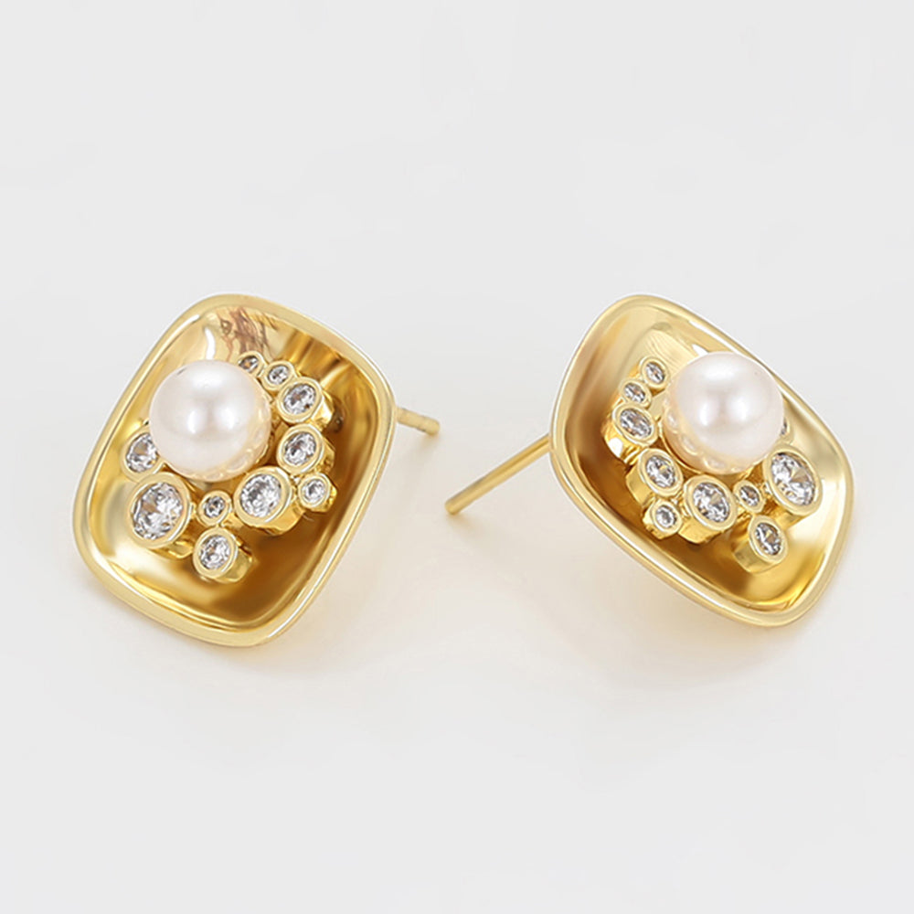 Pozlacené Slitinové Náušnice se Skleněná Perla a Bílým Emporia® Křišťálem