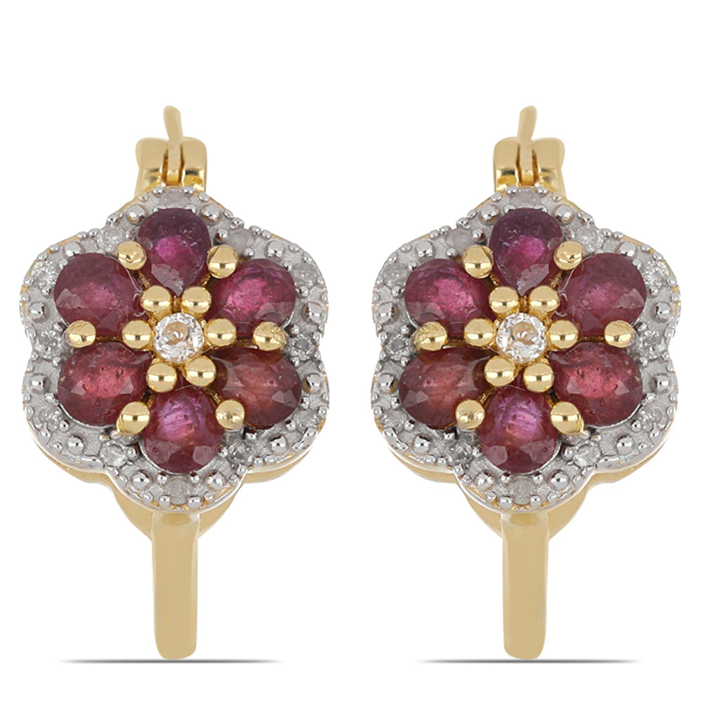 Pozlacené Stříbrné Náušnice s Madagaskarským Rubínem a Bílým Topazem