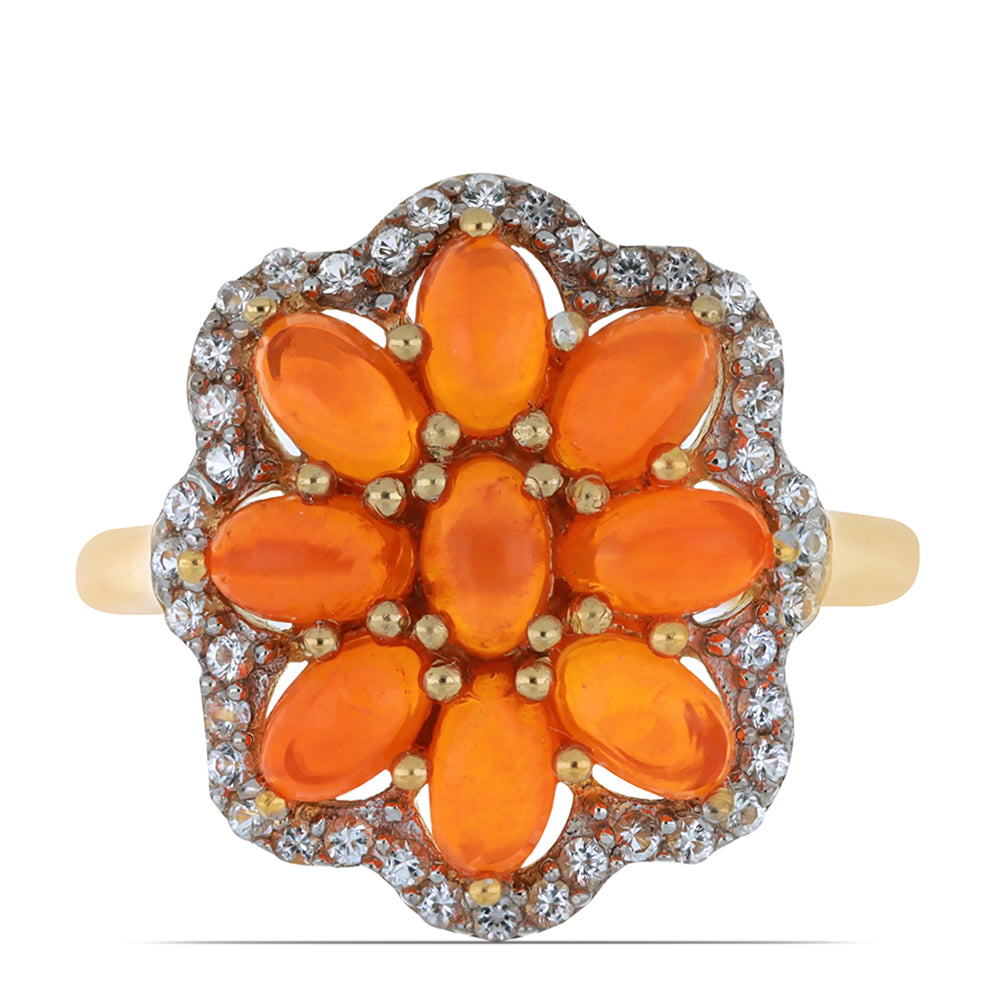 Pozlacené Stříbro 925/1000 - Prsten s Oranžovým Opálem z Lega Dembi a Bílým Topazem - Karátové číslo: 2.02. přibližná hmotnost: 4.45 gramů