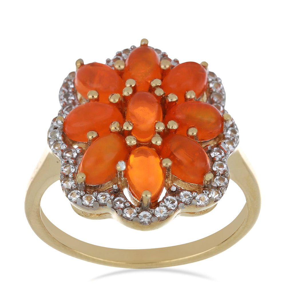 Pozlacené Stříbro 925/1000 - Prsten s Oranžovým Opálem z Lega Dembi a Bílým Topazem - Karátové číslo: 2.02. přibližná hmotnost: 4.45 gramů