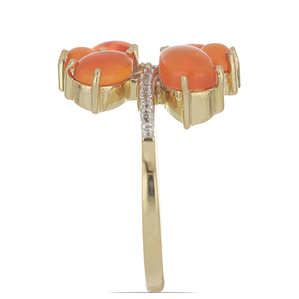 Pozlacené Stříbro 925/1000 - Prsten s Oranžovým Opálem z Lega Dembi a Bílým Topazem - Karátové číslo: 2.45. přibližná hmotnost: 4.3 gramů