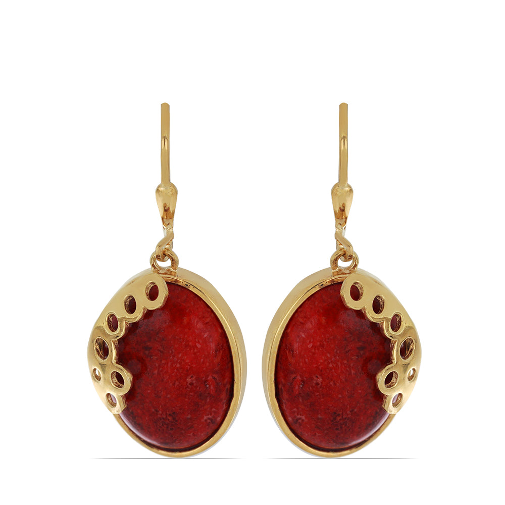 Pozlacené Stříbro 925/1000 - Náušnice s Červeným Houbovým Korálem - Karátové číslo: 16.52. přibližná hmotnost: 7.7 gramů 1 