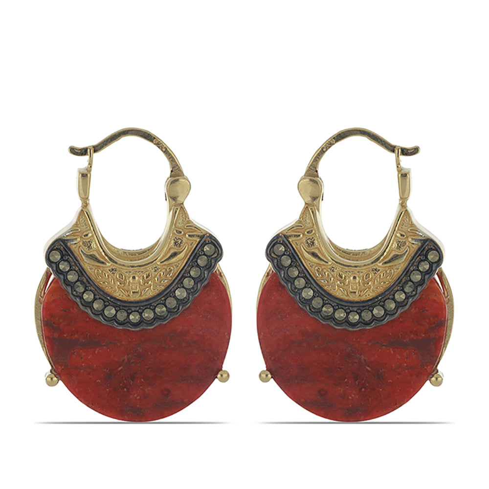 Pozlacené Stříbro 925/1000 - Náušnice s Červeným Houbovým Korálem a Marcasitem - Karátové číslo: 16.03. přibližná hmotnost: 9.85 gramů 1 