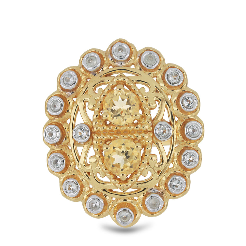 Pozlacený Stříbrný Prsten s Uralským Citrínem a Bílým Topazem