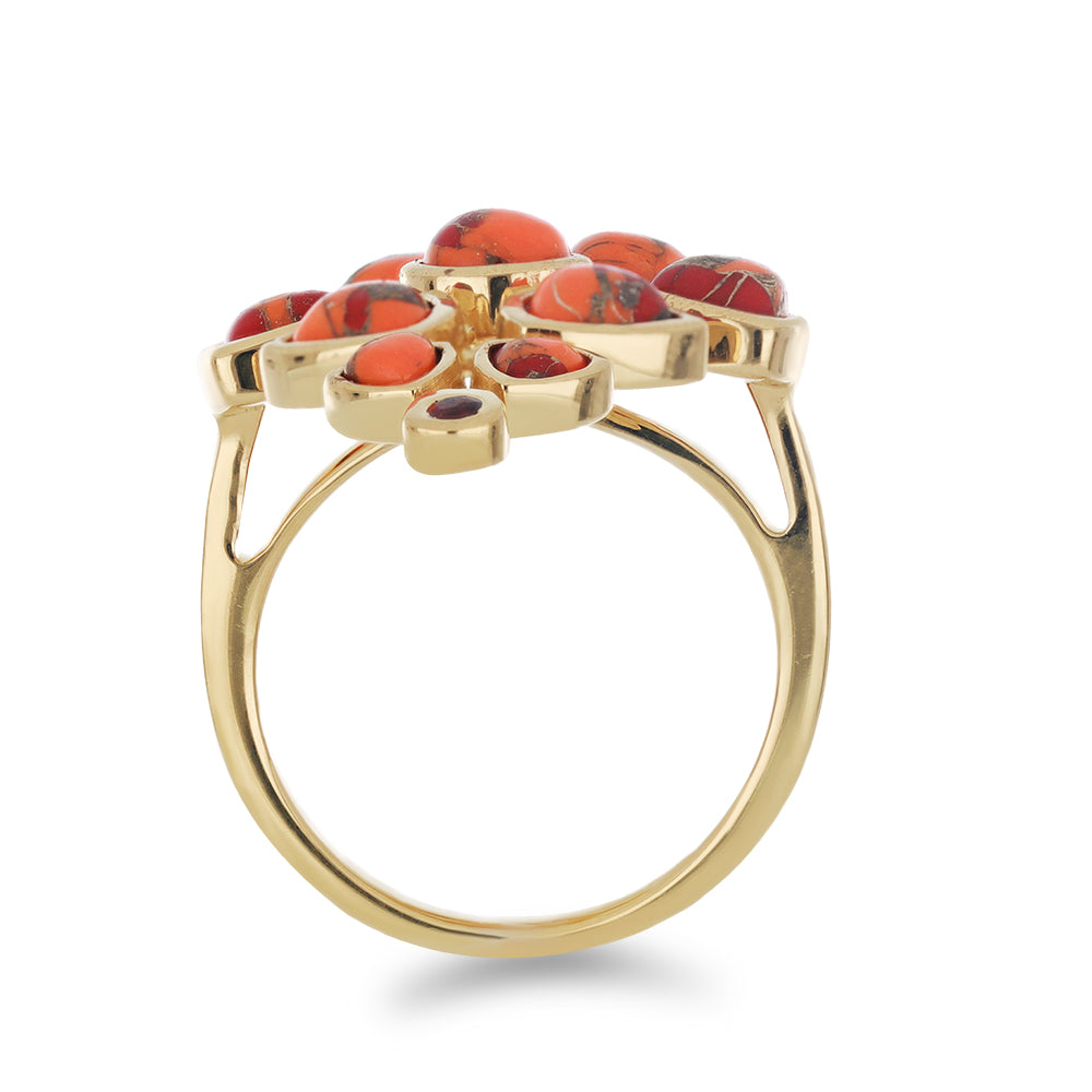 Pozlacený Stříbrný Prsten s Mohavským Tyrkysem a Bartonským Granátem 2 