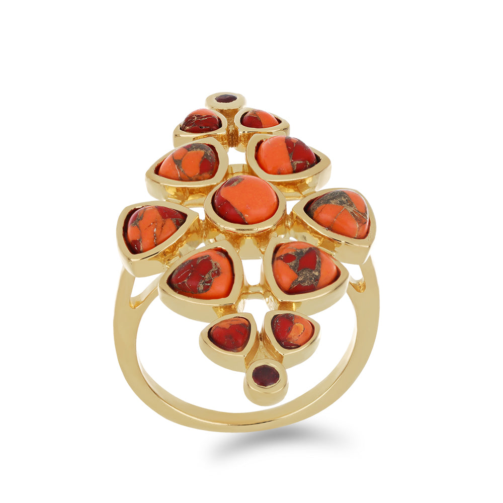 Pozlacený Stříbrný Prsten s Mohavským Tyrkysem a Bartonským Granátem