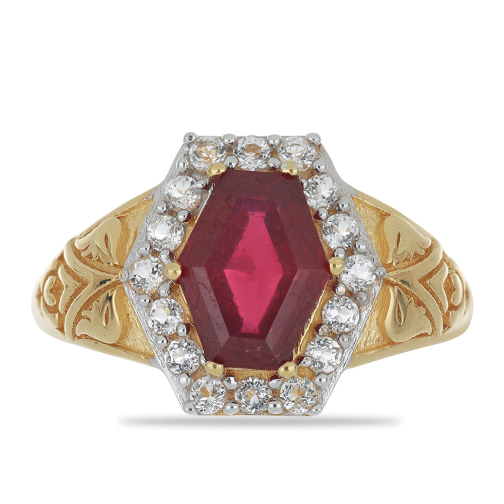 Pozlacené Stříbro 925/1000 - Prsten s Madagaskarským Rubínem a Bílým Topazem - Karátové číslo: 3.79. přibližná hmotnost: 5.07 gramů 1 