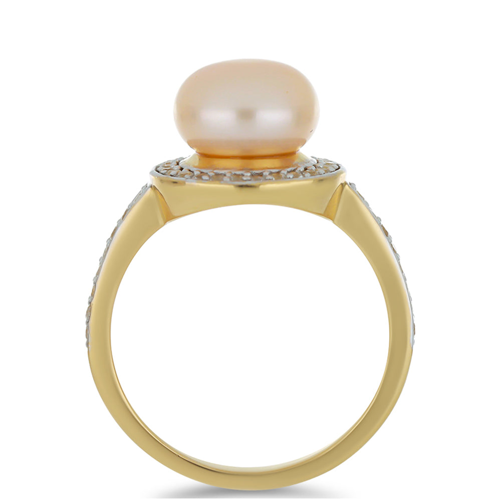 Pozlacený Stříbrný Prsten s Broskvovou Sladkovodní Perlou a Bílým Topazem